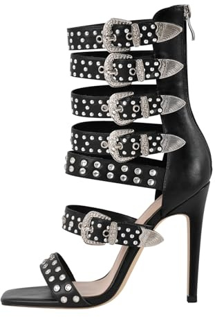 VERISSON Open Toe Stiletto Boots for Women Rhinestone Multiple Buckle up Sandals Rivet Studded Strap Zip up Summer Sandals Embellished with Crystal Black size 8