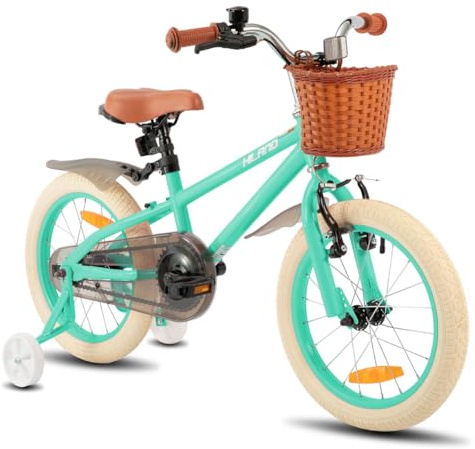 Hiland 14 Inch Kids Bike with Basket & Stabilisers, Bicycle for Girls with Hand Brake Coaster Brake, Green