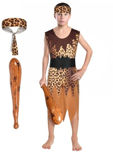AYBUY Costume delle Caverne, 4PCS Costume di Cavernicolo e Accessori, Costume Preistoria Bambini, Costume Primitivo Bambini per Halloween Carnevale Spettacolo di Festa, M