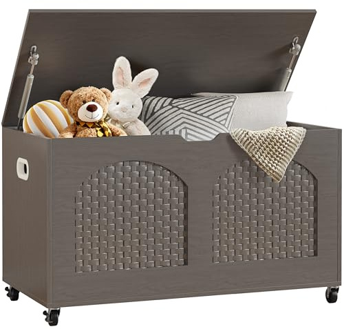Rymeera Storage Chest, Rattan-Style Toy Storage Bench with Lid and Wheels, Square Storage Trunk for Entryway, Bedroom, Living Room(Gray)