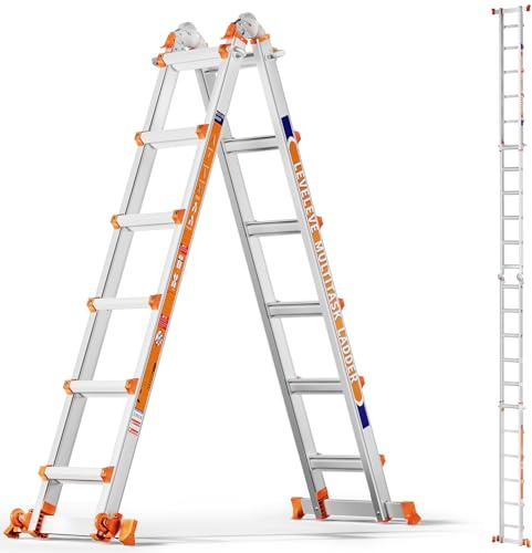 LEVELEVE Telescoping A Frame Ladder, 22FT Multi Position Ladder with Stabilizer Bar & Wheels,330 lbs Security Load for Stairs Home Indoor Outdoor Roof