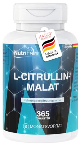L-citrullinmalat – 365 tabletter – 6600mg per dagdos – 100% L-citrullin-DL-malat utan tillsatser – Hög dosering – 100% veganskt – Tysk tillverkning och laboratorietestning – NutriFair