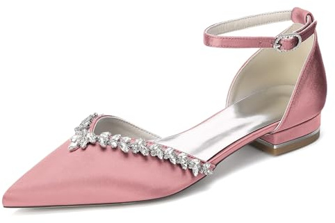 Generico Scarpe Sposa Donna in Raso con Strass Punta Affusolata Tacco Basso Largo Cinturino alla Caviglia Scarpe da Matrimonio Eleganti,Flesh Pink,36 EU
