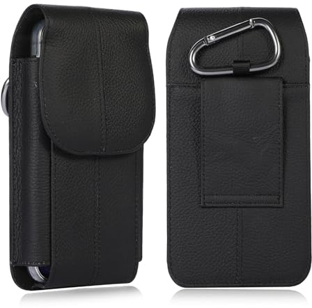 Äkta läder telefon midjefodral kompatibelt med iPhone 16 15 14 13 12 17 Pro, XR, kompatibel med Samsung S25 S26 S24 S23 S22 bältesklämma påse hölster. Svart