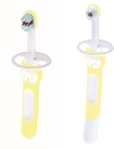 MAM Set de Cepillos de Dientes de Aprendizaje para Bebé, Cepillo Extra Largo para una Limpieza con los Padres y Cepillo Corto para Limpieza Independiente, con Protector de Seguridad, Neutro, Pack 2