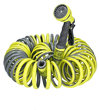 Ferrestock FSKMES002 kit completo de manguera flexible en espiral de 15m de longitud, pistola de riego con 6 funciones, conectores para pistola y de rosca para el grifo