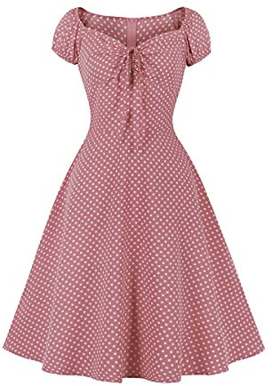 IWEMEK Damen Vintage Retro Polka Dots Rockabilly Swing Kleid 1950er Jahre Pinup Audrey Hepburn Stil 50er 60er Schatzausschnitt A-Linie Sommer Freizeit Party Abendkleid Cocktailkleid Rosa XL