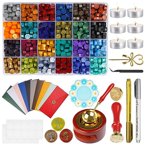 MICTER Sellos Lacre Kit, 600+ Piezas de Cuentas de Sello de Cera de 24 Colores con 10 Accessories, Kit de Sello de Lacre Para Invitaciones de Boda, Decorar Sobres, Cartas, Tarjetas-C