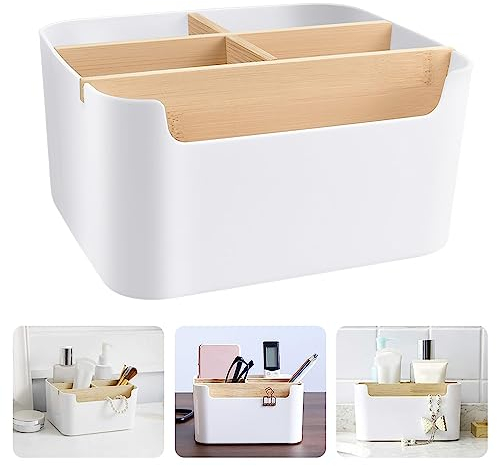 LANSKYLAN Bambus Tisch Organizer 5 Fächer Holz Desktop Stift Organizer Schreibtisch Organizer Bambus Weiß Fernbedienungshalter mit Abnehmbar Fächer Aufbewahrungsbox für Smartphones Kosmetika Stifte