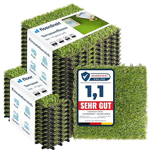 Floordirekt Azulejos de césped de 30 x 30 cm, 2 m² = 22 baldosas para terraza, balcones – Suelo para balcón y terraza – resistente a la intemperie con función de drenaje | hierba