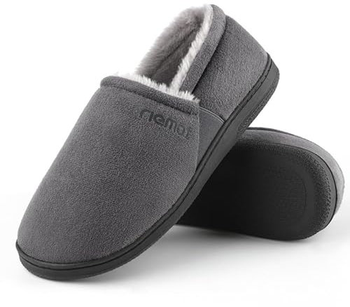 riemot Mokassin Hausschuhe Herren Warme Wildleder Pantoffeln Memory Foam Hausschuhe Diabetiker Schuhe Winter Sherpa Futter Haus Schuhe mit Anti-Rutsch Gummi Sohle Grau EU42