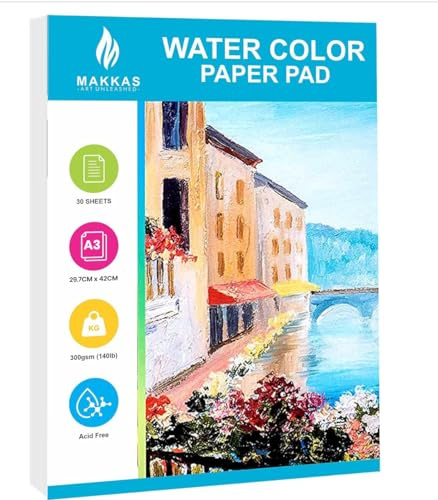 Makkas Watercolour Paper Pad A3 30 Sheets 140lb / 300gsm Cotton Blend Student Grade | Includes Pad Only | Cold Pressed & Acid Free Watercolour Sketchbook