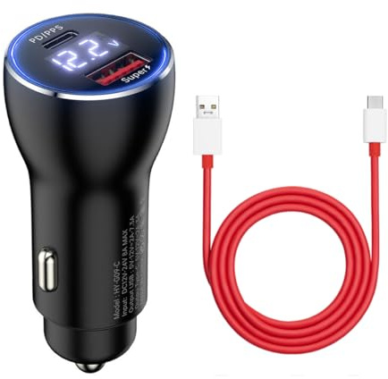 100W SuperVooc Charge Dual Autoladegerät mit USB A zu C Ladekabel, USB C Kfz Adapter für OnePlus 15 15R 13 13R 12 11 9 8 Nord Serie 5, CE5, 4, 3, Oppo Find X7 X6 X5 X4 X3 X2