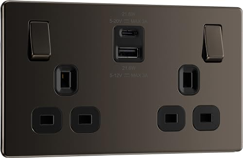 BG Electrical 22W Double Switched Power Wall Plug Socket with Fast Charge Type A and C USB Ports, Screwless, Flatplate, Black Nickel, 13A, FBN22UAC22B