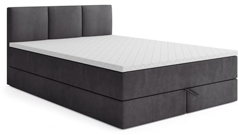 MRGROUP Boxspringbett mit Bettkasten RYGA 180 x 200 cm, Samtstoff, Polsterbett mit Bonell-Matratze und Topper, Doppelbett mit Stauraum, Bett für Schlafzimmer, Gepolstertes Kopfteil, H3, dunkelgrau
