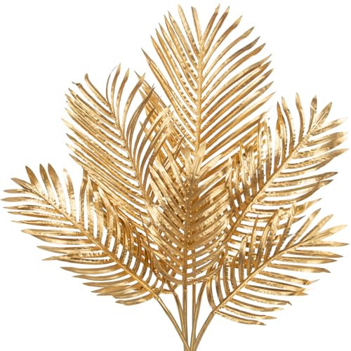 Briful 6 plantas artificiales de varios tamaños, hojas de palma doradas, tallos de hojas artificiales, plantas de palma falsas para el hogar, oficina, fiesta, arreglo floral, decoración de boda