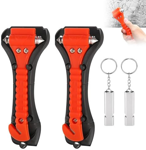 Hsyadazi Kit de 2 Martillos de Emergencia para Coche - con rompecristales y cortacinturones (2 en 1) + 2 silbatos - para turismos, Camiones, autobuses - Rojo