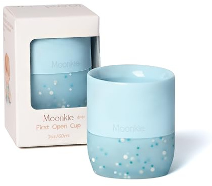 Moonkie Baby Cup, Silikon Öppen Kopp Baby, Tiny Drinking Training Cup, Mugg Barn 4 Månader+, Viktad Bas, BPA-fri, med Kapacitetsmarkeringar, Småbarnsmuggar för 6-12 Månader, 2 Uns(Ljusblå)