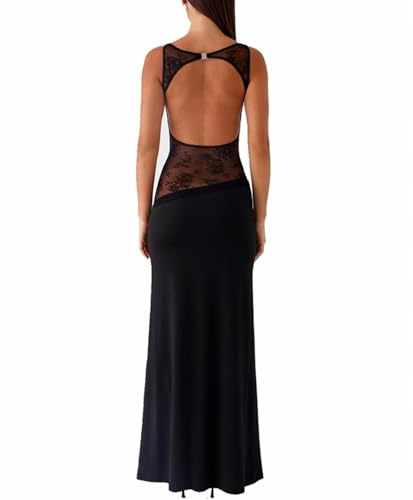 XIXIMAON Robe Longue Sexy Moulante Dos Nu pour Femme Robe de Soirée Cocktail Elégant sans Manches en Dentelle Patchwork Y2K Clubwear (Noir, M)