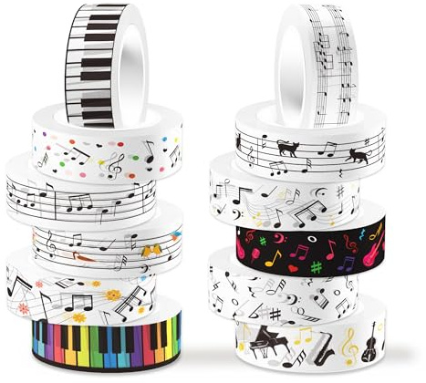 12 rollos de notas musicales Washi Tape Set Negro Blanco Masking Tape Decorativo Pegatinas para Scrapbook Accesorios Diario Junk Diario DIY Artesanía Diario Álbumes Manualidades Diario Álbumes