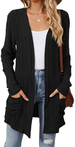 Famulily Black Longline Cardigan for Women Wear with Leggings, Ribbed Casual Solid Color Outerwear Cardigan (L, Black)