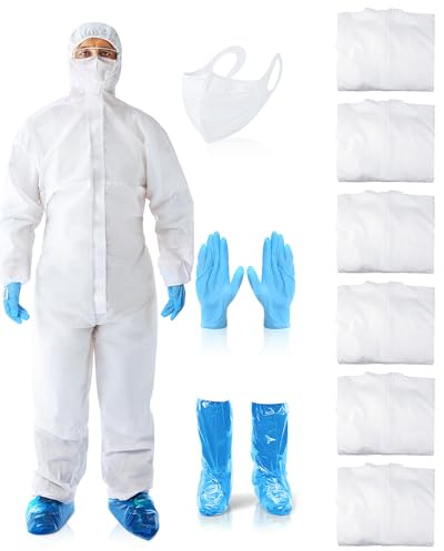 Shyyween 6 Sets Hazmat Suit Disposable Protective Paint Coverall Suit with Hood Shoe Covers Nitrile Glove Mask Wrists Ankles(XL)