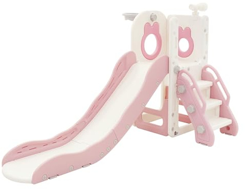 Joyz Toboggan 3-en-1 Blanc-Rose pour Enfants, Structure de Jeu Intérieur/Extérieur avec Panier de Basket, Échelle Sûre, Glissière Stable en Plastique, Jouet d’Activité pour Tout-Petits dès 3 Ans