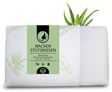 MaxxGoods orthopädisches Nackenstützkissen aus Visco Gelschaum & Aloe Vera Bezug - Kopfkissen, Schlafkissen für HWS Unterstützung & Nackenschmerzen - für Seitenschläfer & Bauchschläfer (70x42x13,5cm)