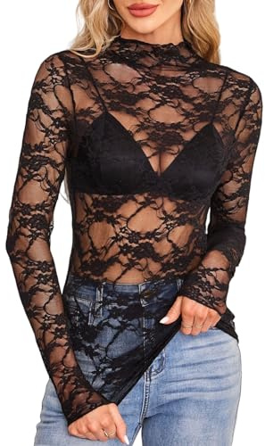 RuiChy Sheer Top en Dentelle à Fleurs pour Femme, Sexy Transparent Col Montant Hauts à Manches Longues Broderie Florale T-Shirt en Maille Chemise de Base Blouse Clubwear Streetwear (Noir-M)
