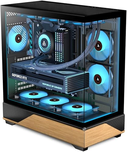KEDIERS PC CASE ATX 5 PWM ARGB Ventiladores preinstalados, caja de computadora tipo C de torre media con vidrio templado dual de visión completa, paneles de madera de nogal impresos, soporte de