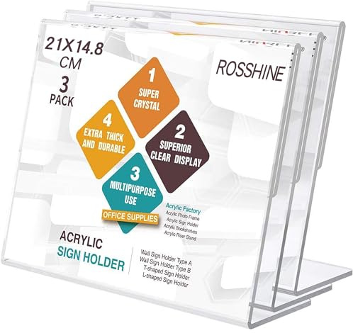 A5 Menu Holders, 3 Pack Horizontal Acrylic Sign Holder Poster Display Stand | ROSSHINE Slant Back L-Shaped Clear Poster Holder for Office School Home Restaurant