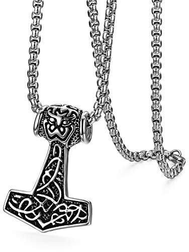 OIDEA Collier viking tête de loup pour homme : tête de loup, demi-lune, pendentif marteau de Thor avec chaîne de blé Odin Cloche Lance Casque Spartan Nordique Viking Bijoux Cadeau pour homme, 56 cm x