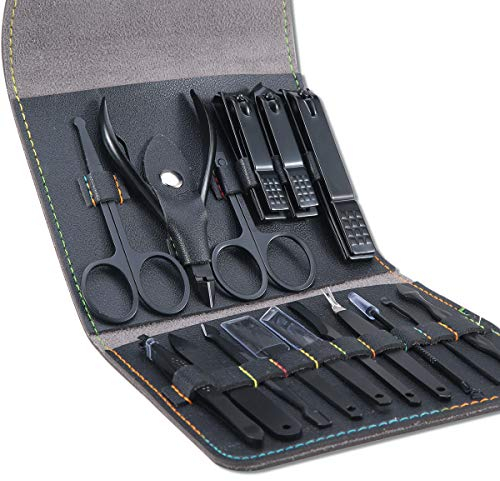 Tagliaunghie Set Professionale - Grooming Kit Strumenti per Manicure e Pedicure 16pcs con Lussuosa Custodia da Viaggio in Pelle (Nero)