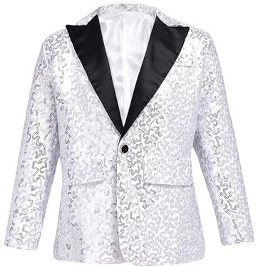 YEAHDOR Chaqueta Lentejuelas de Niños Caballero Blazer Vestir de Manga Larga con Botón para Fiesta Actuación Carnaval Navidad 5-14 Años