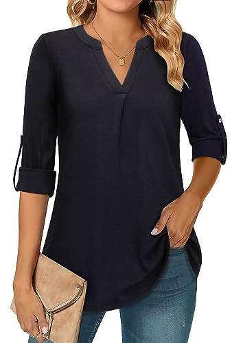 Amrto Damen Bluse Elegant Lange Elegant Sommer Tunika Einfarbige V-Ausschnitt 3/4 Langärmelig Blusenshirt Lässig Lose Longbluse A Linie Basic Business Outfit für Arbeit Büro, Schwarz L