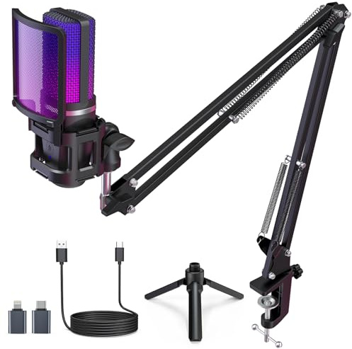 ZealSound Gaming Microphone, USB Mic for PC with Noise Cancellation, RGB, Mute, Gain Control, Zero-Latency Monitoring, Boom Arm, Tripod Stand & Pop Filter, for Mac, iPhone, Streaming, Twitch, YouTube