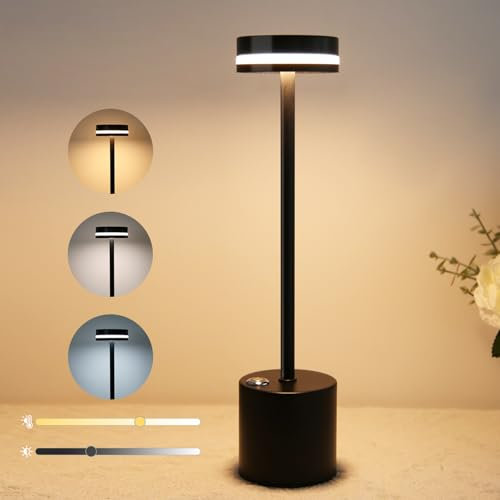 CANMEIJIA Led Tischleuchte Kabellos 3 Farbtemperatur Akku Tischlampe Aufladbar Adjustable Brightness Schwarz Touch Tischleuchte Usb-C Ladeanschluss Geeignet Für Innen, Außen, Wohnzimmer, Schreibtisch