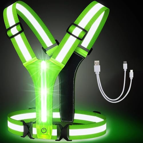 RRICHH Gilet de Sécurité LED, Rechargeable USB, Gilet Running Haute Visibilité avec indicateur de Sécurité et Ceinture Réfléchissante, 360° D'éclairage Lampe avec 3 Modes pour Jogging, Randonnée