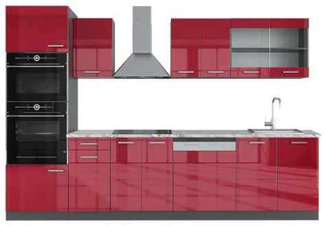 Vicco Küchenzeile R-Line, Rot Hochglanz, 300 cm mit Hochschrank, AP Marmor, zur individuellen Kombination und Erweiterung geeignet