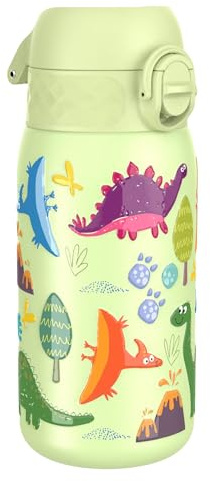 Ion8 Vacuum Insulated Steel Water Bottle, 320 ml/11 oz, Leak Proof, Easy to Open, Secure Lock, Dishwasher Safe, Carry Handle, Metal Water Bottle, ThermoShield Stainless Steel, Green, Dinosaurs