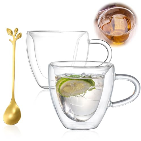 Juego de tazas de café de doble pared - 2 vasos de té de 180 ml con asa y cuchara, tazas de café expreso de corazón, regalo para mujeres, día de la madre, cumpleaños, boda, día de San Valentín (2)