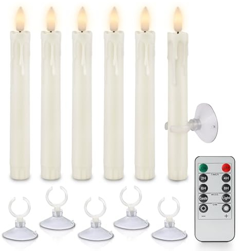 Rhytsing 6Pcs Flameless Window Candles with Suction Cups for Christmas, Battery Operated LED Taper Candles with Timer and Dimmable Function, Wax Dripping Design, Remote Control Included