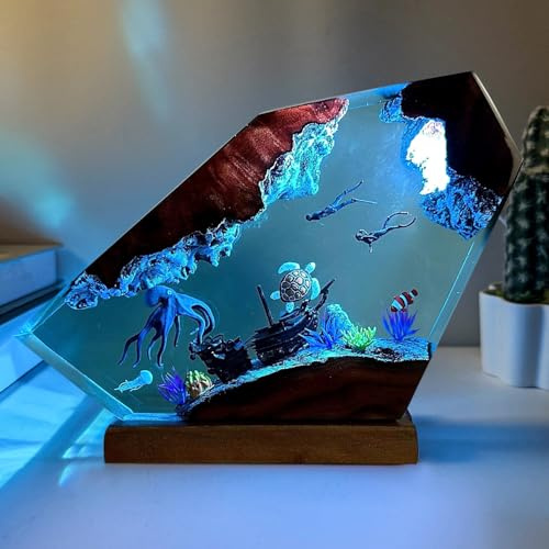 MASDEC Octopus Resin Lamp, Handcrafted RGB Ocean Lamp with Wooden Base,Octopus Decor for Bedroom, Scuba Diving Gifts for Him & Her, Unique Birthday & Valentine's Day Gifts (S 6X4)