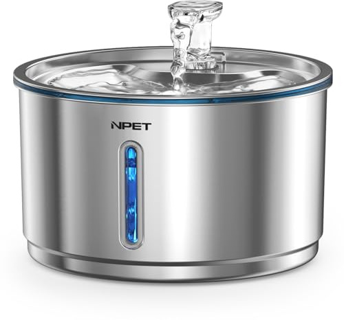 NPET Stainless Steel Cat Water Fountain, 1Gallon/135oz Automatic Pet Drinking Fountain Dog Water Dispenser Bowl with Water Level Window for Cats Indoor - WF210Plus
