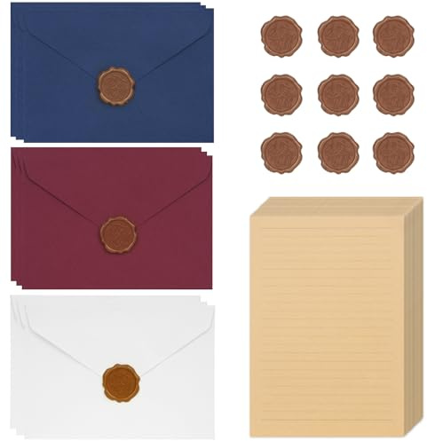 38 PCS Vintage Writing Paper and Envelopes Set with 9 Gift Envelopes and 20 A5 Kraft Letter Paper and 9 Wax Seal Letter Envelope Set for Gifts Wedding Birthday Greeting Cards