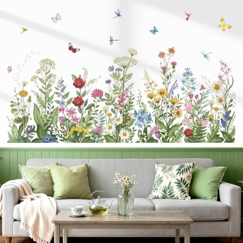 wondever Stickers Muraux Fleurs Autocollants Muraux Plantes Herbe Feuilles