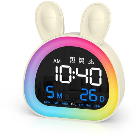 ORIA Barnväckarklocka kanin för sömnträning, 5 RGB-färglampor, 5 nivåer volymjustering, dubbla larm, 6 typer av musik, barnklockor sovrum för småbarn, flickor, pojkar, tonåringar, tunga sovande