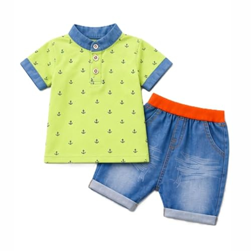OrJana Completo Bambino 2 Pezzi, Polo con Ancore e Pantaloncini Jeans Leggeri Blu (green, 1-2 anni)