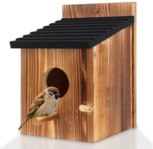 Lotvic Bird House, 15x15x22 Large Wooden Bird Box, Outdoor Hanging Birdhouse for Small Wild Birds, Robin Bird Houses for Garden, Bird Nesting Box for Mockingbirds, Hummingbirds, Parrots (Black)