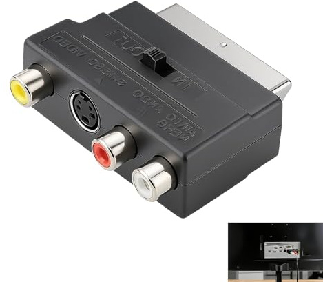 Adattatore SCART 3 RCA + S-Video con interruttore IN OUT, connettore SCART audio video TV videoregistratore lettore DVD console retrò prese cinch stereo e S-VHS dispositivi AV nero